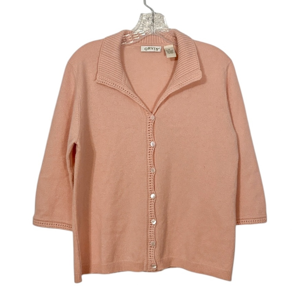 Orvis 100% Cashmere Soft Pink Cardigan Sweater Size Medium 3/4 Sleeve Feminine
